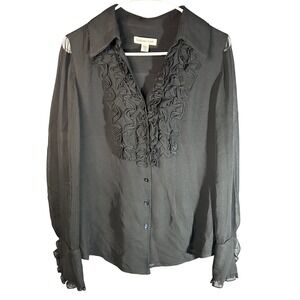 Coldwater Creek Women Black 100% Silk Ruffle Front V-Neck Blouse Top Size M
